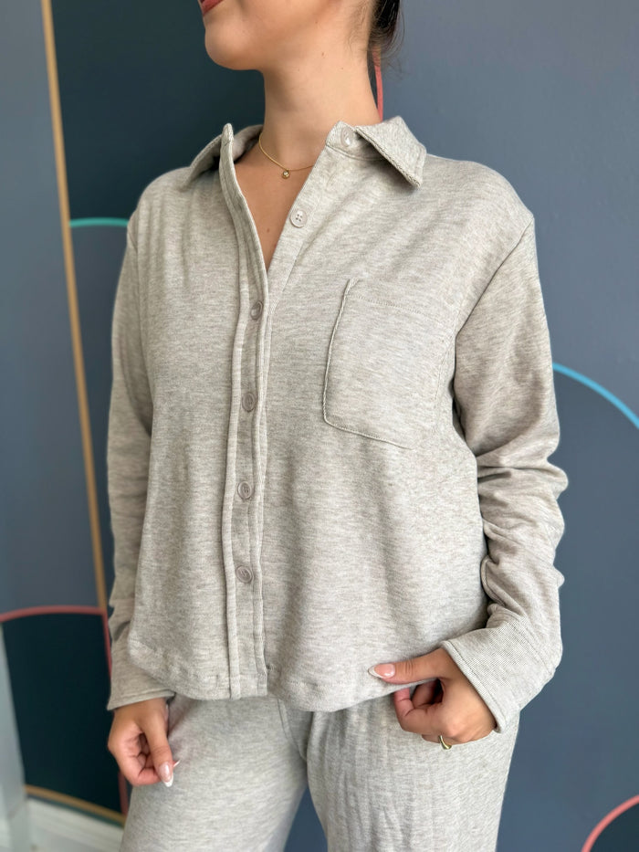 Cropped L/S Button Up - Taupe