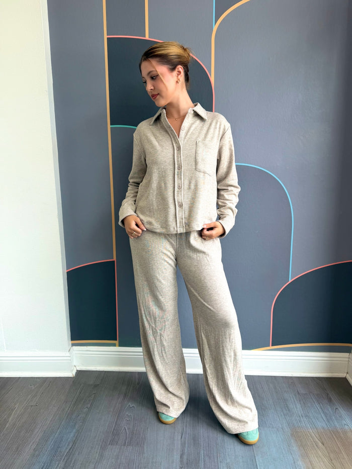 Cropped L/S Button Up - Taupe