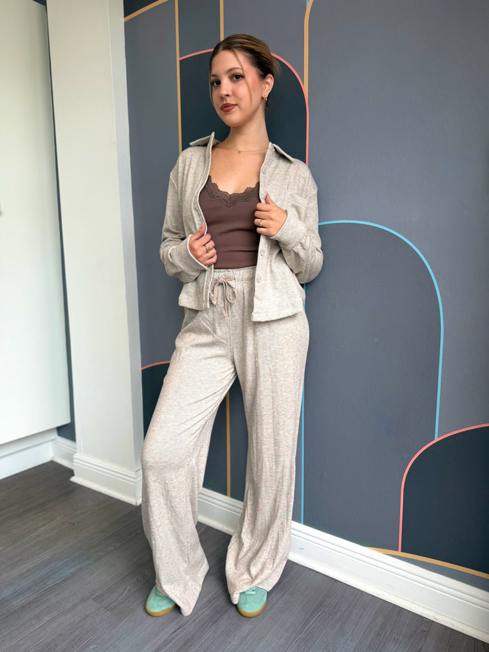 Cropped L/S Button Up - Taupe