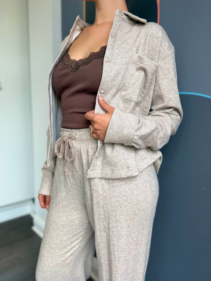 Cropped L/S Button Up - Taupe