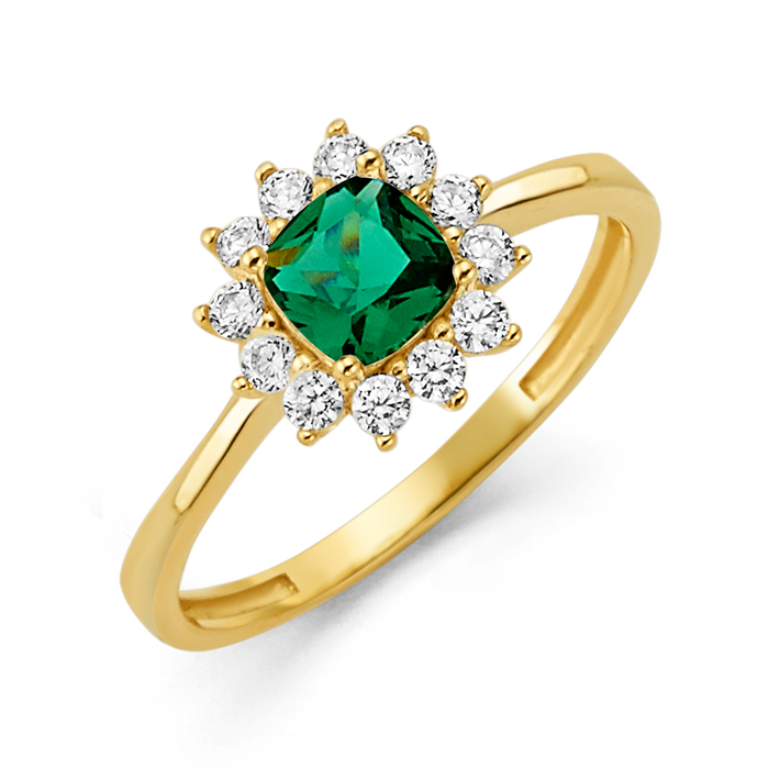 10K/14K Solid Gold Cushion Green Halo Ring