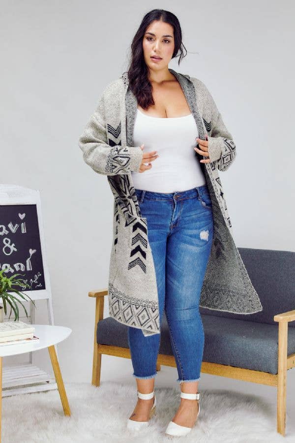 Davi & Dani- PLUS SNOW PRINTED LONG SLEEVE POCKETS CARDIGAN PWJ14067