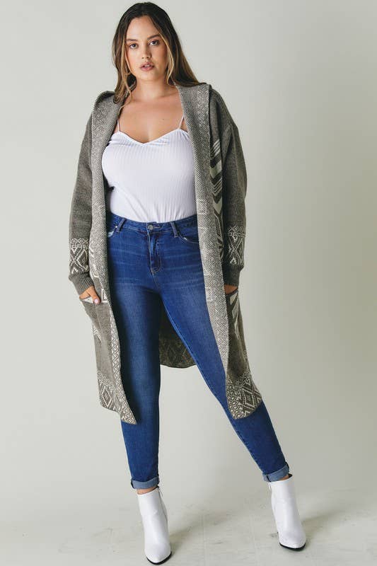 Davi & Dani- PLUS SNOW PRINTED LONG SLEEVE POCKETS CARDIGAN PWJ14067
