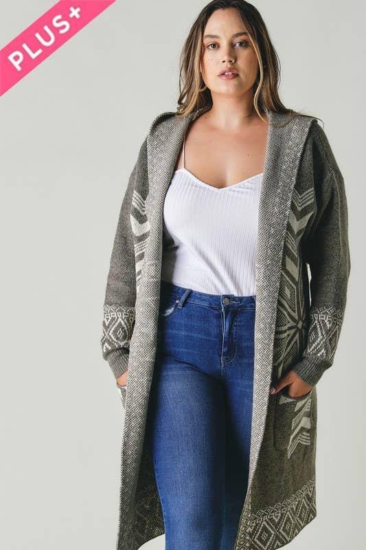 Davi & Dani- PLUS SNOW PRINTED LONG SLEEVE POCKETS CARDIGAN PWJ14067