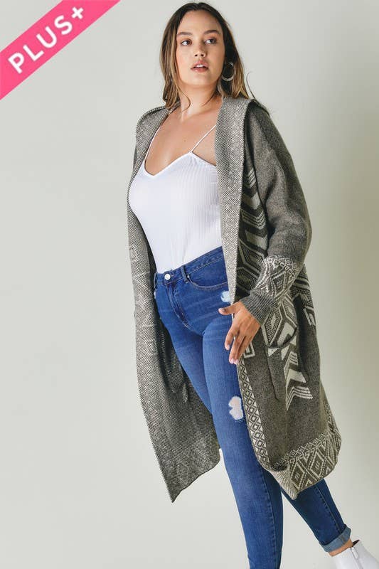 Davi & Dani- PLUS SNOW PRINTED LONG SLEEVE POCKETS CARDIGAN PWJ14067