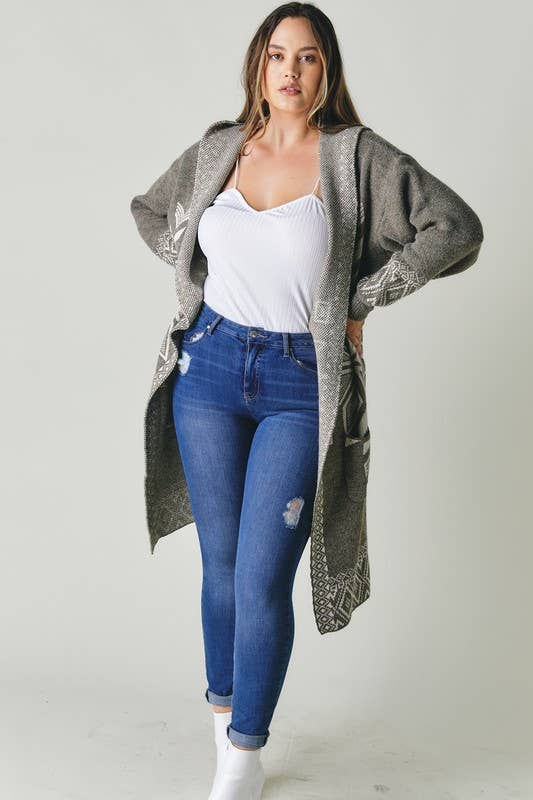 Davi & Dani- PLUS SNOW PRINTED LONG SLEEVE POCKETS CARDIGAN PWJ14067