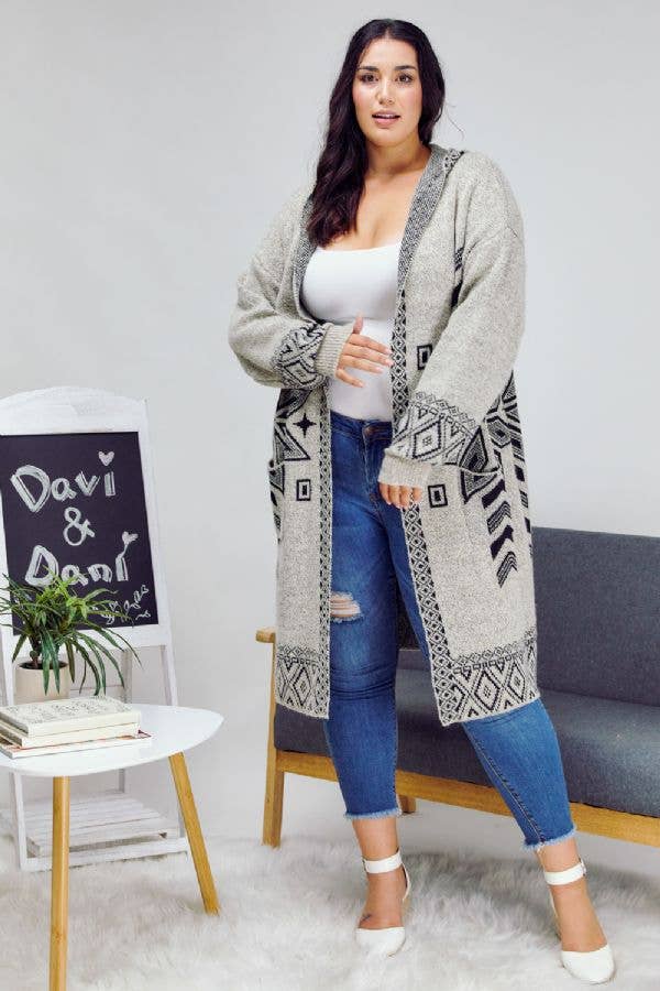 Davi & Dani- PLUS SNOW PRINTED LONG SLEEVE POCKETS CARDIGAN PWJ14067