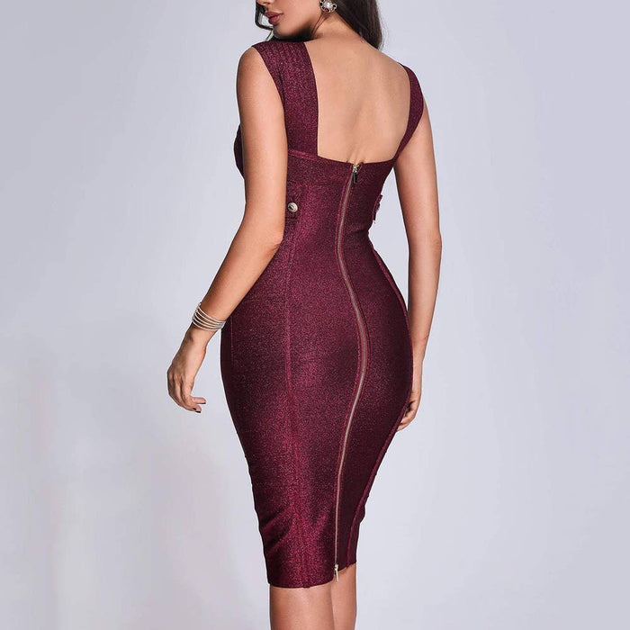 DR0276 Elegant One-Shoulder Gold Silk Midi Dress with Silver
