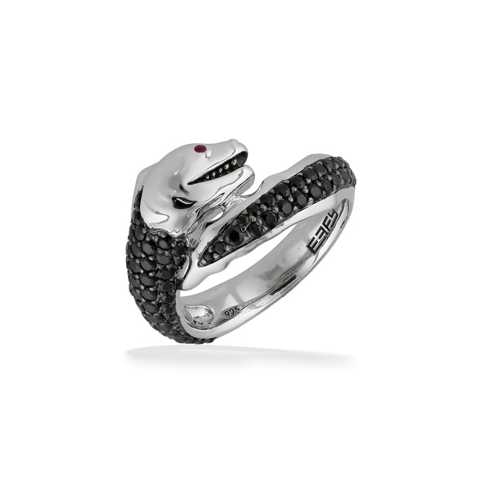 Moray eel ring with black spinel gemtones and ruby eye detail set in a sterling silver wrapped design. Item No. 773269