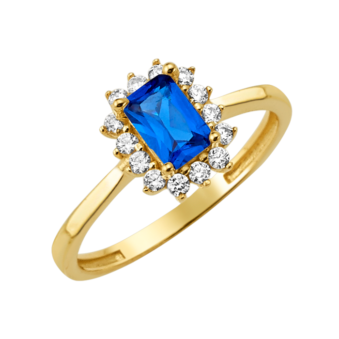 10K/14K Solid Gold Emerald-Cut Blue Halo Ring