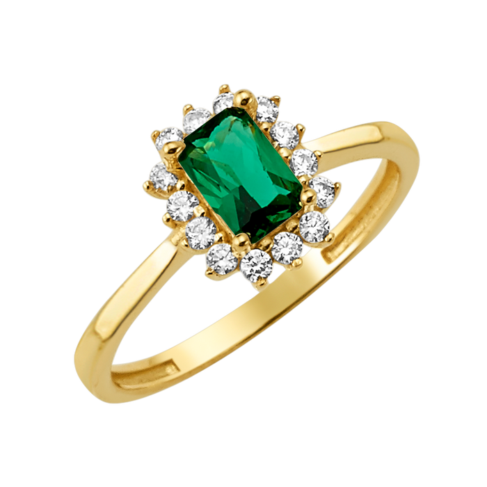 10K/14K Solid Gold Emerald-Cut Green Halo Ring