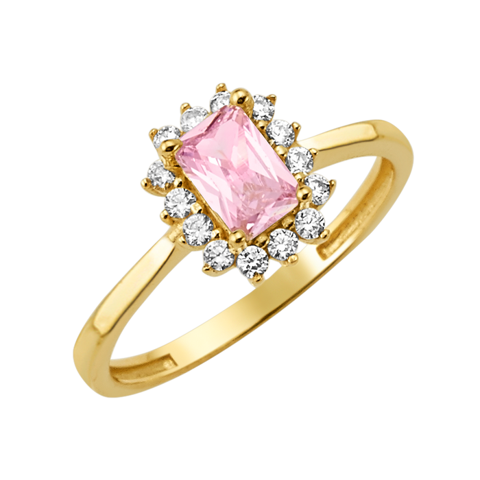 10K/14K Solid Gold Emerald-Cut Pink Halo Ring