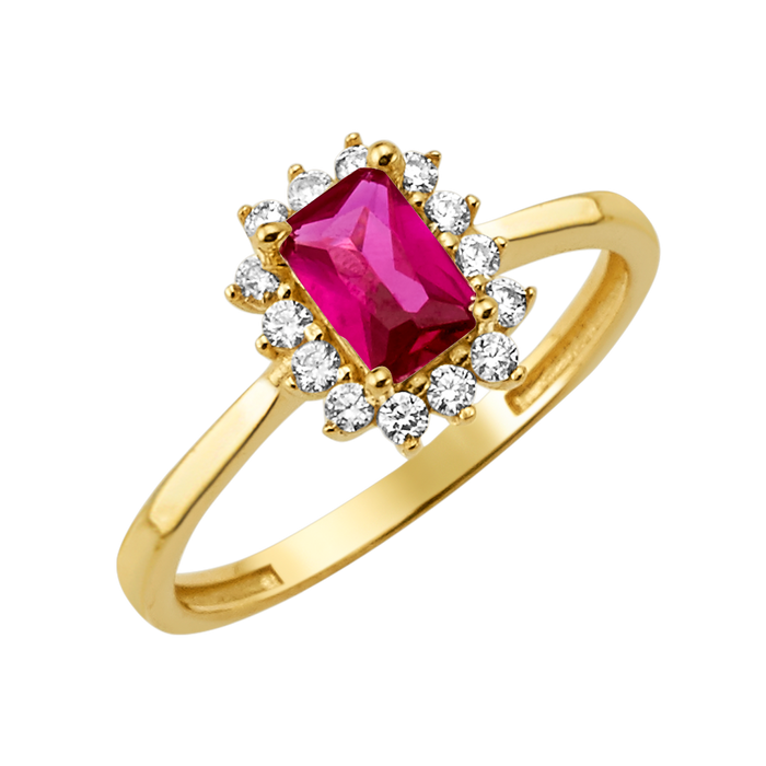 10K/14K Solid Gold Emerald-Cut Red Halo Ring