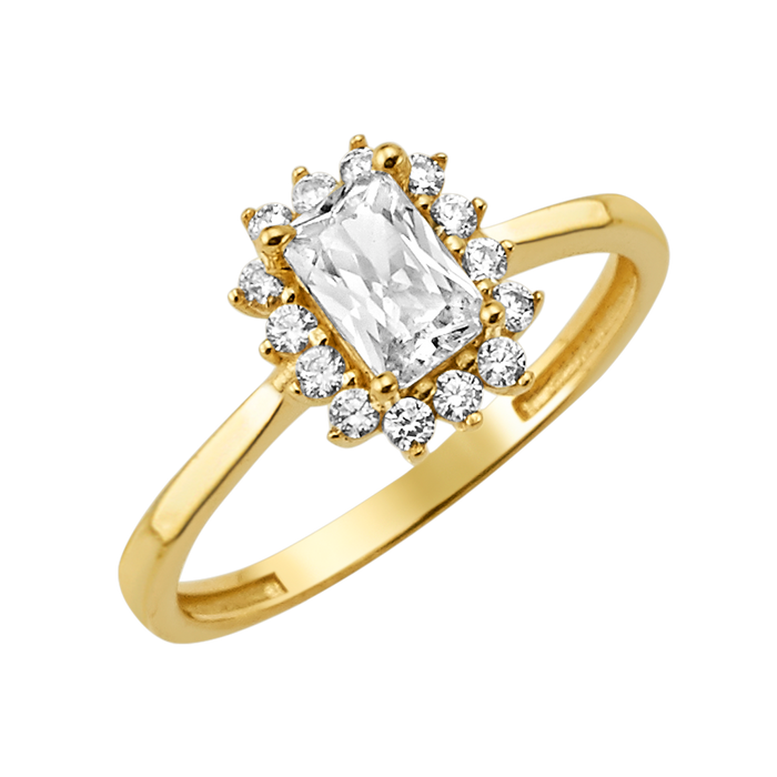 10K/14K Solid Gold Emerald-Cut White Halo Ring
