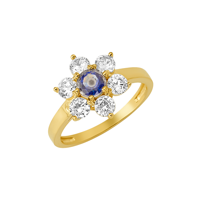 10K/14K Gold Flower Ring with Blue Center Gem & White Accents