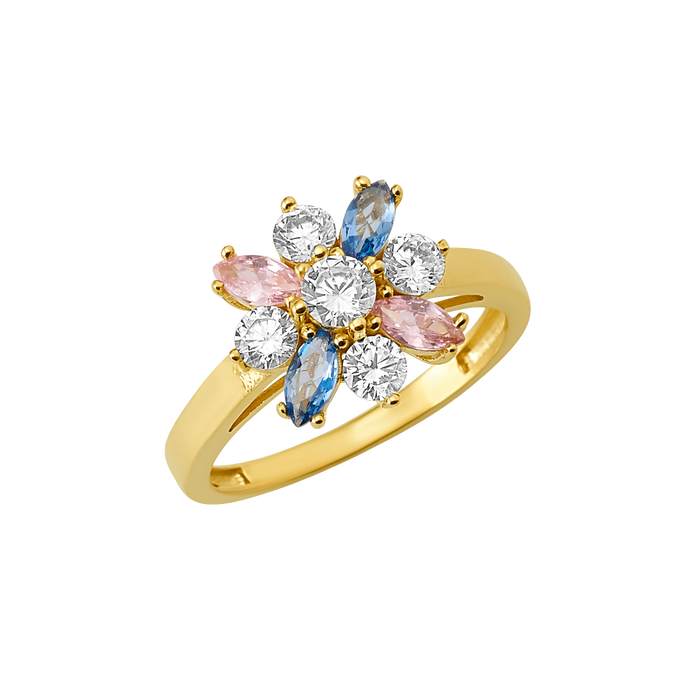 10K/14K Gold Flower Ring with Pink & Blue Gemstones