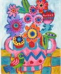 Flowers in Pink & Blue Vase w/ Green Bird