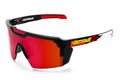 Heat Wave Visual Future Tech Sunglasses with black frame, 1-800 Heat Wave print arms and firestorm red lens.