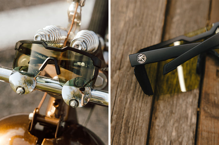 Front and backside of the Future Tech Sunglasses: Easy Rider Photochromic Z87+ on a wood table