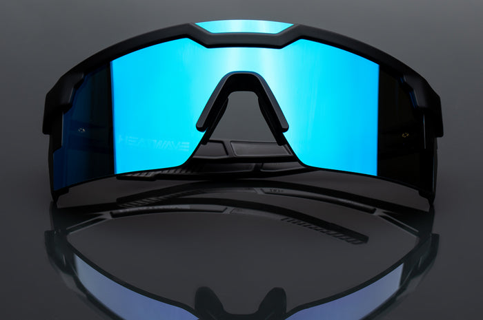 Front of Heat Wave Visual Future Tech Sunglasses with black frame and galaxy blue lens.