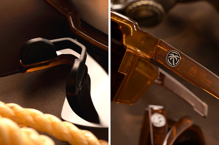 Close up shot of the Future Tech Sunglasses: Saddle Z87+ on a wood table