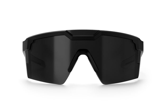 Front of Heat Wave Visual Future Tech Sunglasses with black frame with SOCOM print arms and black lens.
