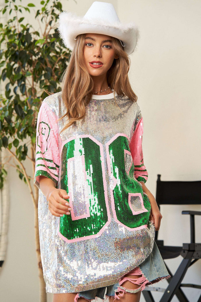 Game Day Sequin Jersey Top with Pink and Green Accents