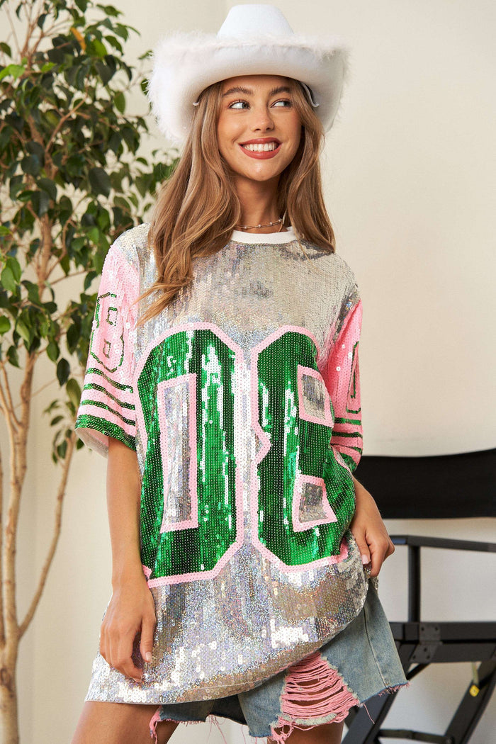 Game Day Sequin Jersey Top with Pink and Green Accents