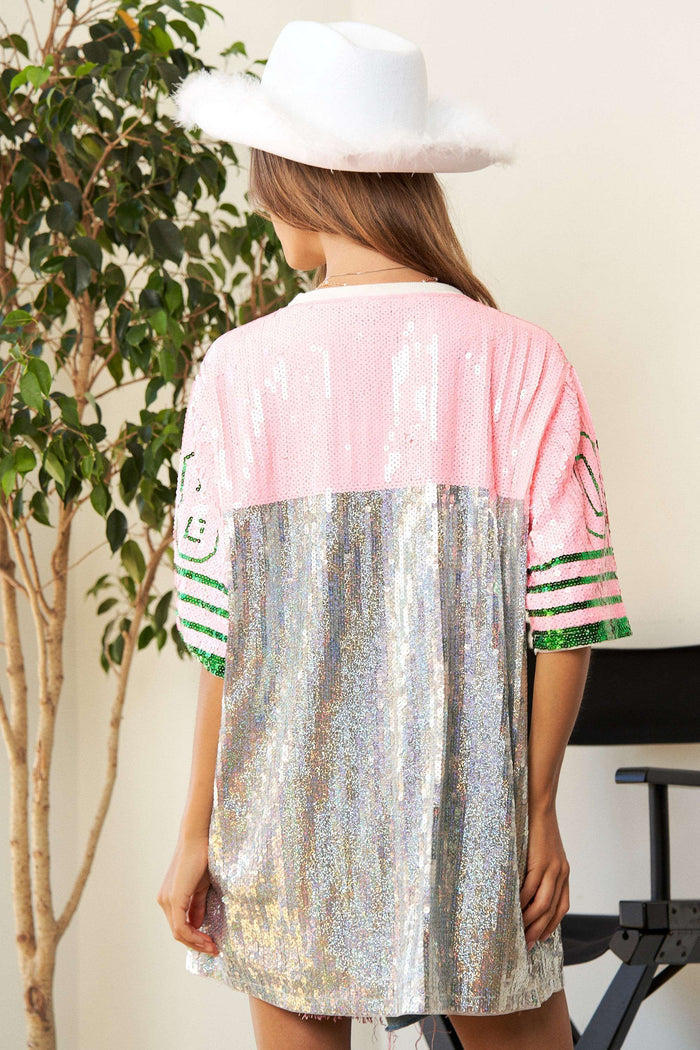 Game Day Sequin Jersey Top with Pink and Green Accents
