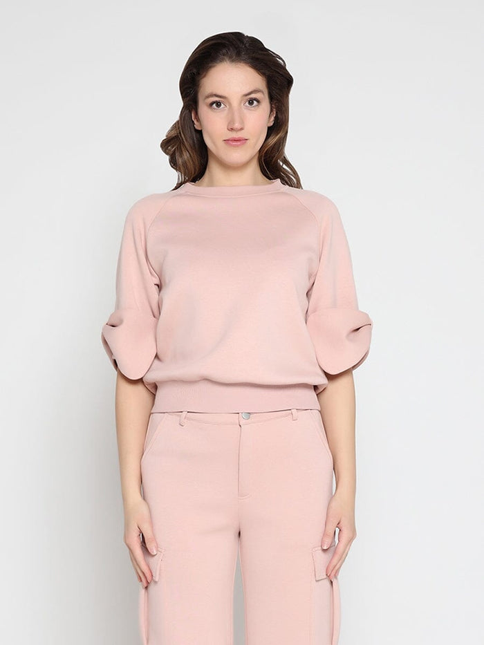 Gracia Bow detail sleeve round neck solid top