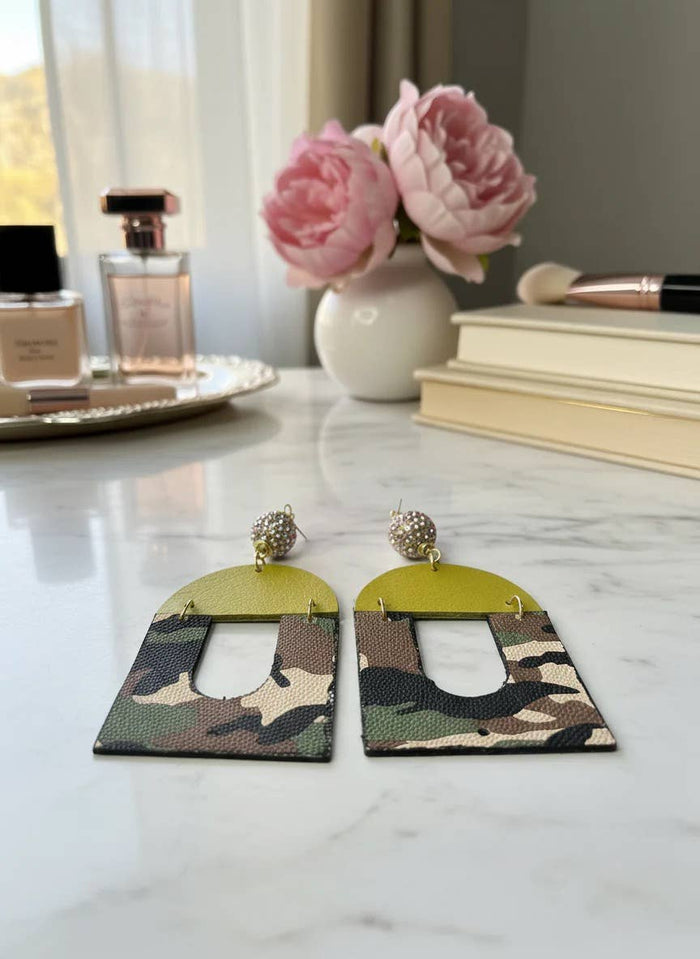 Green Camo Leather Rhinestone Lightweight Earrings