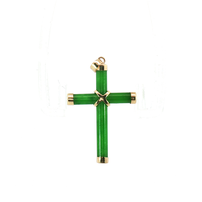 Green Jade Cross Pendant with 14k Yellow Gold bail