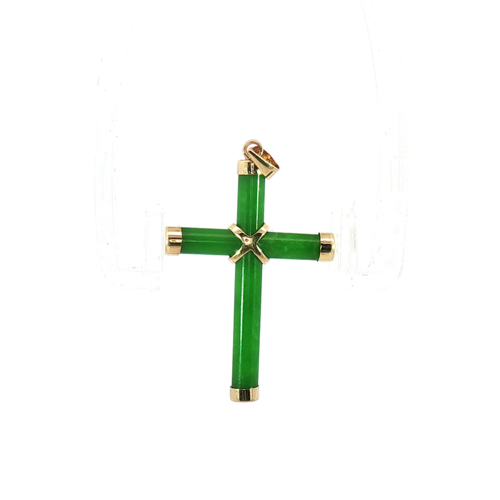 Green Jade Cross Pendant with 14k Yellow Gold bail