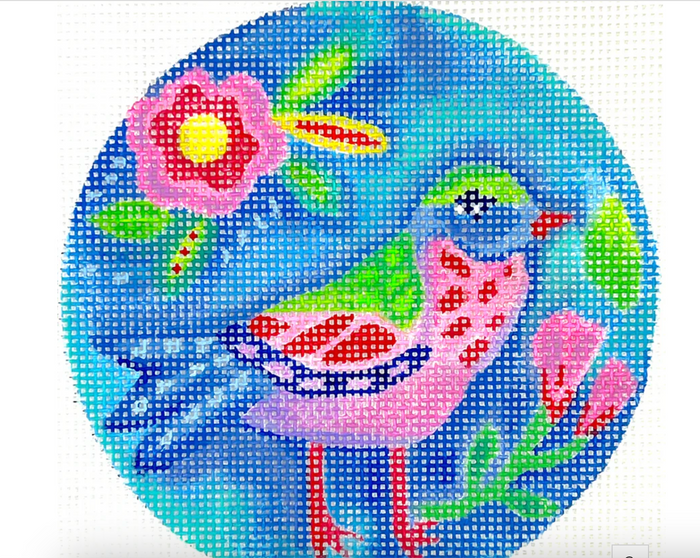 Green, Pink and Blue Bird with Pink Flowers