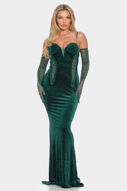 Green Velvet Braided Rope Maxi Dress - BCCD12964