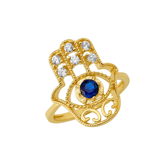 10K/14K Gold Hamsa Hand Ring with Blue Gemstone