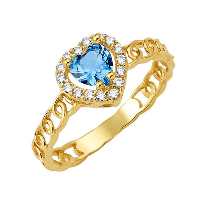 10K/14K Solid Gold Heart Aqua Topaz Halo Ring
