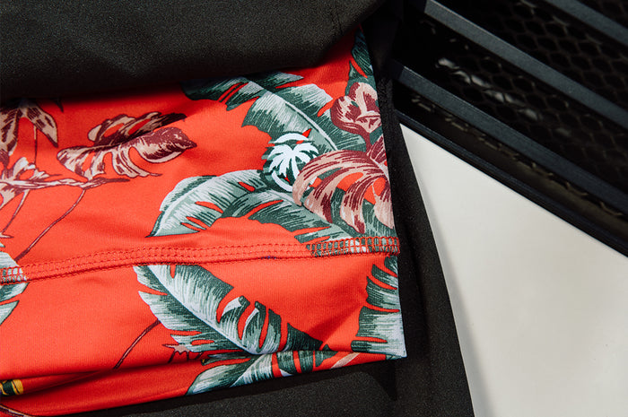 Close up of the inside print of the Heat Wave Magnum Performance Shorts - Black