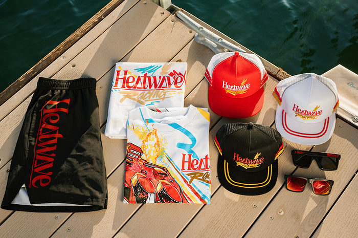 Collage of all the Offshore collection products on a deck by the lake