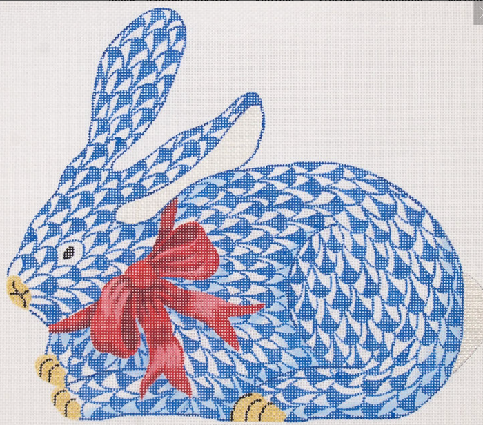 Herend-Inspired Fishnet Bunny-Blue with Red Bow