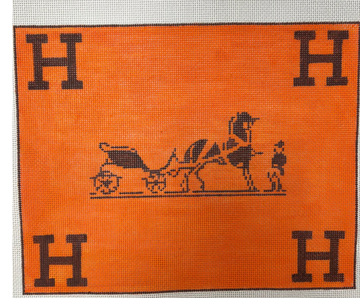 Hermes Caleche Logo and Corner H's-Orange and Brown