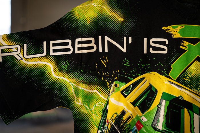 Close up of the lightning graphic on the City of Chevrolet X HWV T-shirt.
