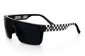 3/4 angle view of the Kids Lazer Face Sunglasses: Little Trouble X Heat Wave Checkered Flag with black lens on a white background.
