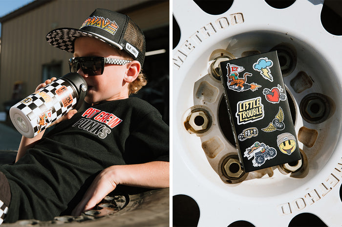 Two photo collage of a young boy wearing the Kids Lazer Face Sunglasses: Little Trouble X Heat Wave Checkered Flag with black lens outside, and the product box on top of a tire wheel rim.