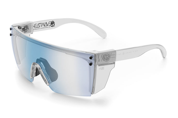 Heat Wave Visual Lazer Face Z87 Sunglasses with clear frame, black nose piece, clear blue blocker lens and clear side shields.