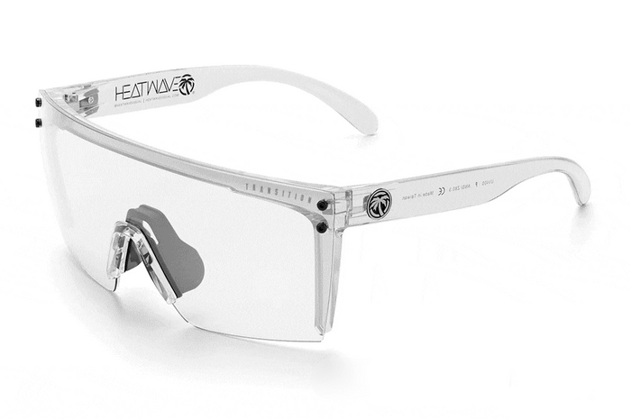 Gif of the Heat Wave Visual Lazer Face Sunglasses with clear frame and photochromic lens changing opacity.