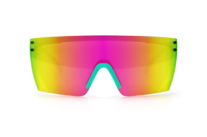 Front view of Heat Wave Visual Lazer Face  Sunglasses with aqua nose piece and spectrum pink yellow lens.