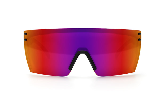 Front view of Heat Wave Visual Lazer Face Sunglasses with black frame and atmosphere red blue lens.