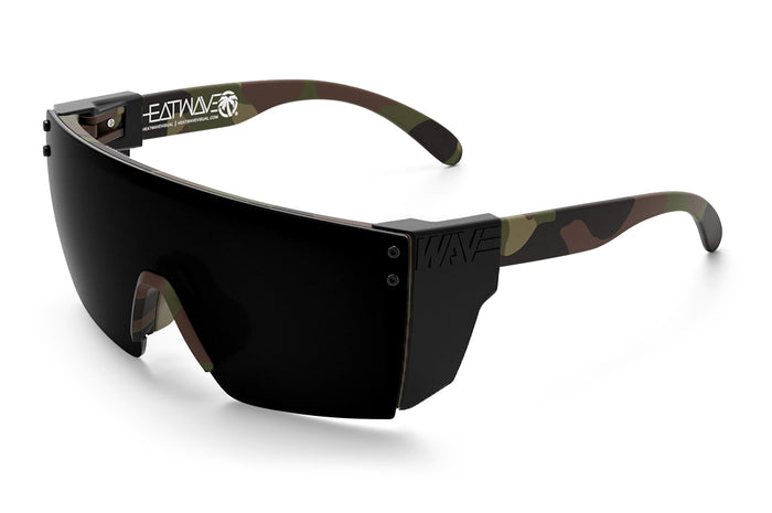 Heat Wave Visual Lazer Face Z87 Sunglasses with fleck camo frame , ultra black lenses and green emblem, black side shield