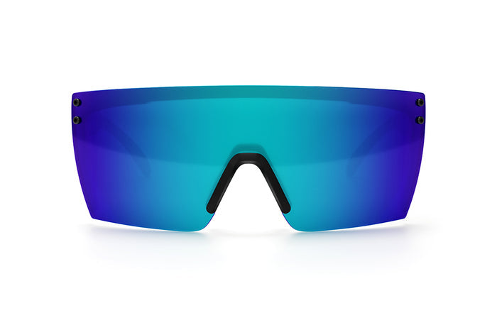 Front view of Heat Wave Visual Lazer Face Sunglasses with black frame and galaxy blue lens.